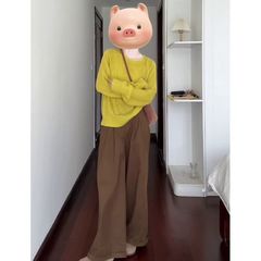 早秋穿搭一整套圆领长袖宽松显瘦百搭针织上衣直筒休闲阔腿裤套装