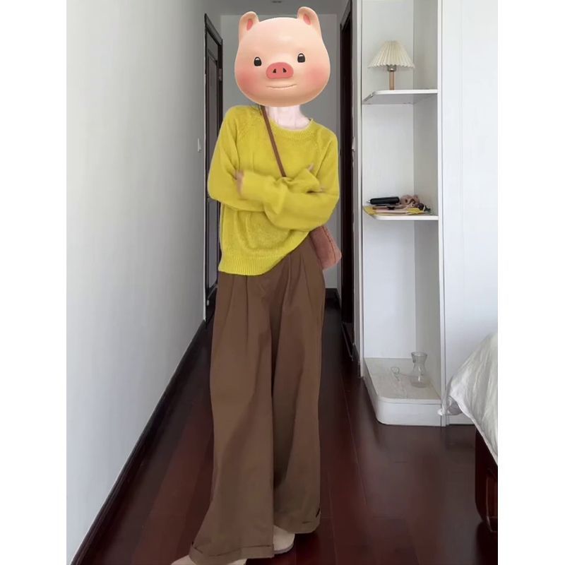 早秋穿搭一整套圆领长袖宽松显瘦百搭针织上衣直筒休闲阔腿裤套装|undefined