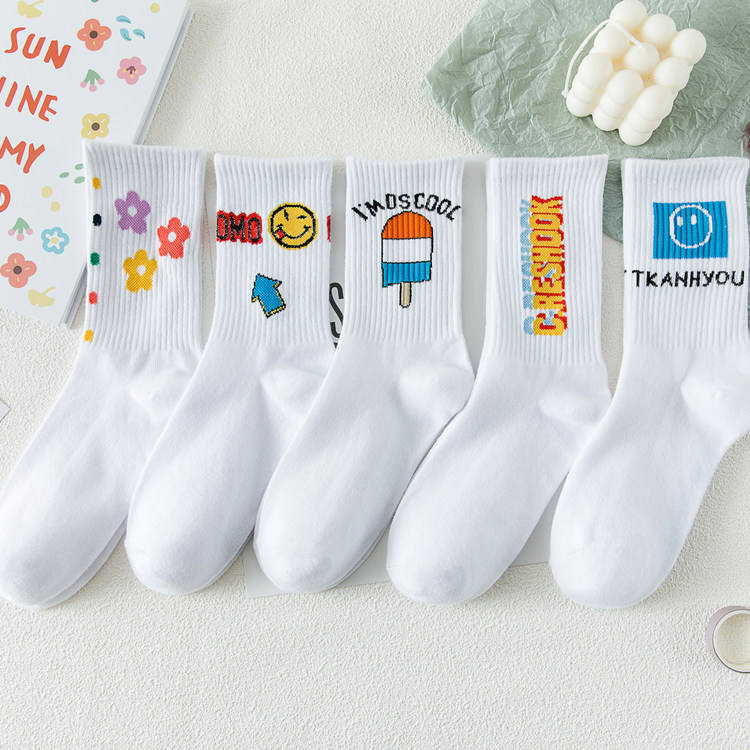 Women's Socks with Cute Cartoon Food Designs, Fun Colorful Art Faces, White Fashionable Crew Socks for Women