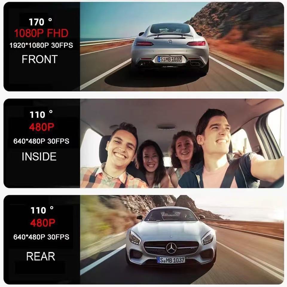 C309 Three-Lens Wifi Dash Cam with Automatic Collision Recording, Dual-Chamber Video Recording for Both Inside and Outside the Car