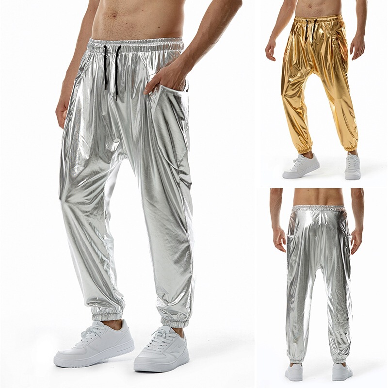 2026 Amazon Men's Metallic Shiny Jogging Pants Export European Size Disco Party Elastic Long Pants for Men 2026 Amazon Men's Metallic Shiny Jogging Pants Export European Size Disco Party Elastic Long Pants for Men