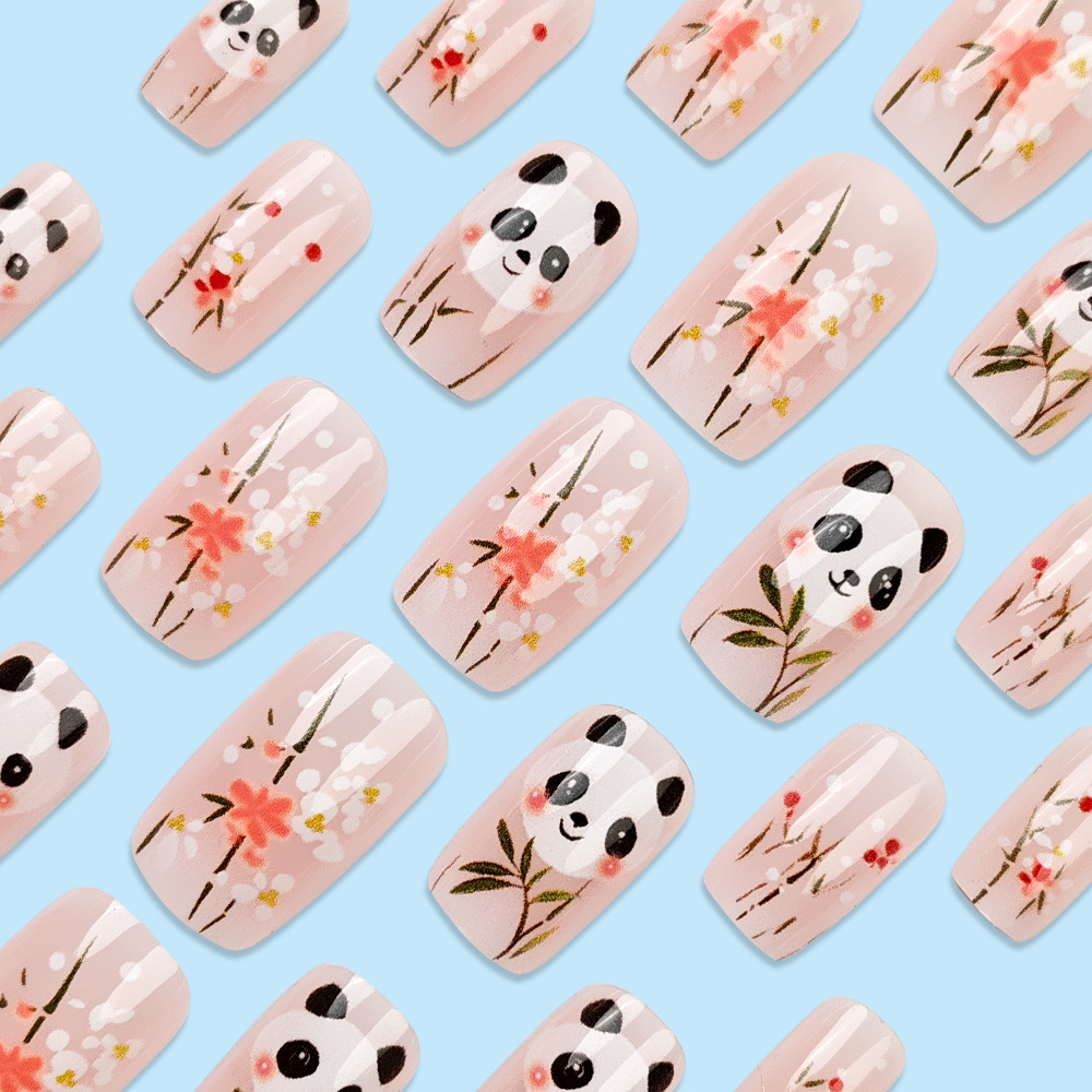 Caricaturas lindas hielo panda manicure parche de uñas gradiente cuadrado europeo de bambú de venta caliente para usar uñas
