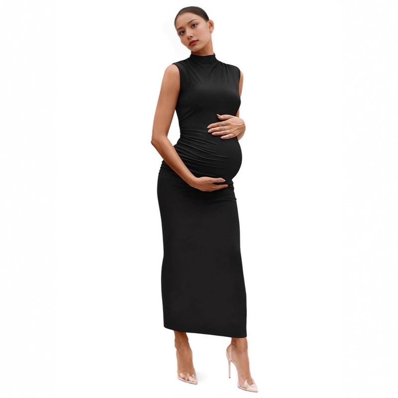 European and American Cross-Border Maternity Sleeveless High-Neck Dress, Solid Color, Tight-Fitting, Elastic, Pleated Long Dress, Elegant Slim-Fit Dress for Pregnancy