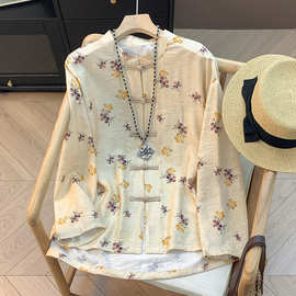 现货秋季薄款休闲新中式国风开衫上衣女单排扣棉麻盘扣衬衫外套女