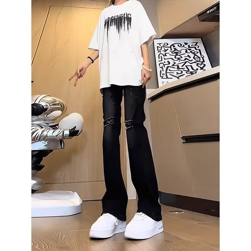 American-style street-washed distressed ripped jeans for men, suitable for spring and autumn, straight-leg, loose, European and American high street vibe, long pants