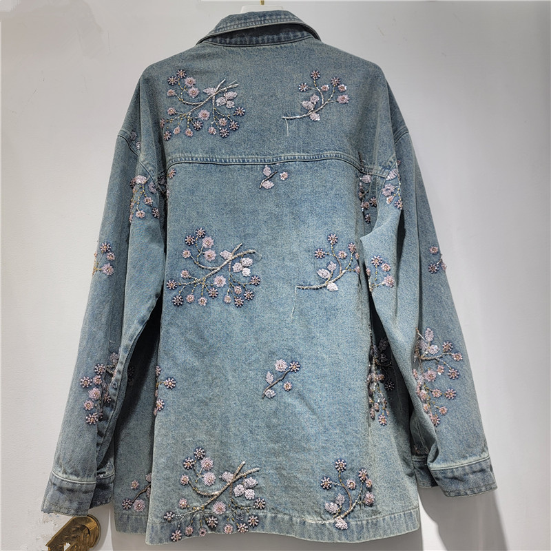 Diseño retro bordado polvo chaqueta denim de sequilla para mujeres 2026 nuevo temperamento chaqueta denim suelta de moda