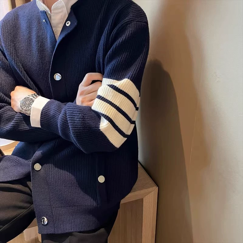 Кардиган с лацканами, свитер, весна и осень, верхняя одежда, четыре бара, вязаный свитер, легкий универсальный мужской повседневный жакет высокого класса для взрослых