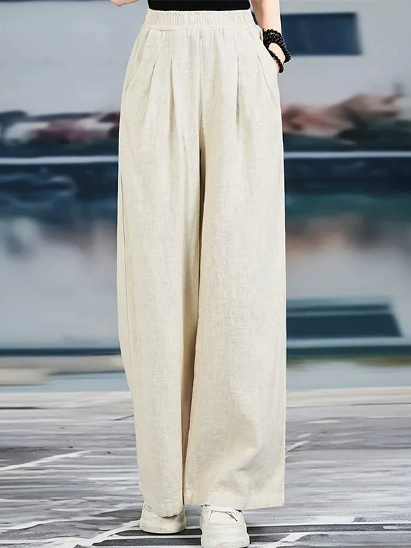 Винтажные художественные широкие брюки, повседневные брюки, весенне-летние новые хлопковые льняные однотонные эластичные талии, универсальная женская одежда больших размеров для пригородных поездок
