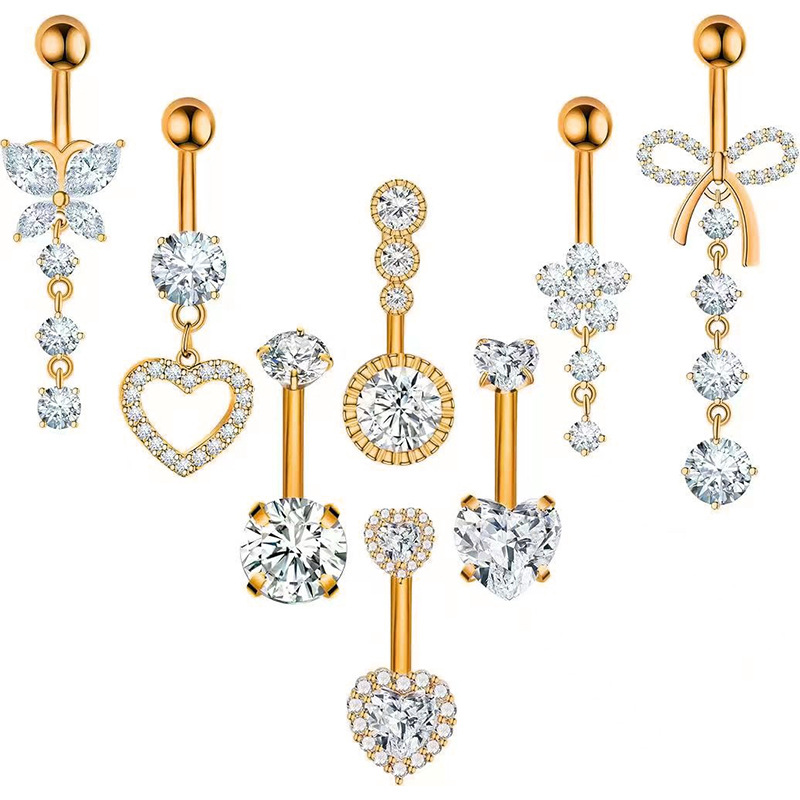 Set di otto pezzi in acciaio inossidabile per piercing all'ombelico con cuore e fiore, intarsi in zircone, gioielli semplici per piercing all'ingrosso_voghion.com