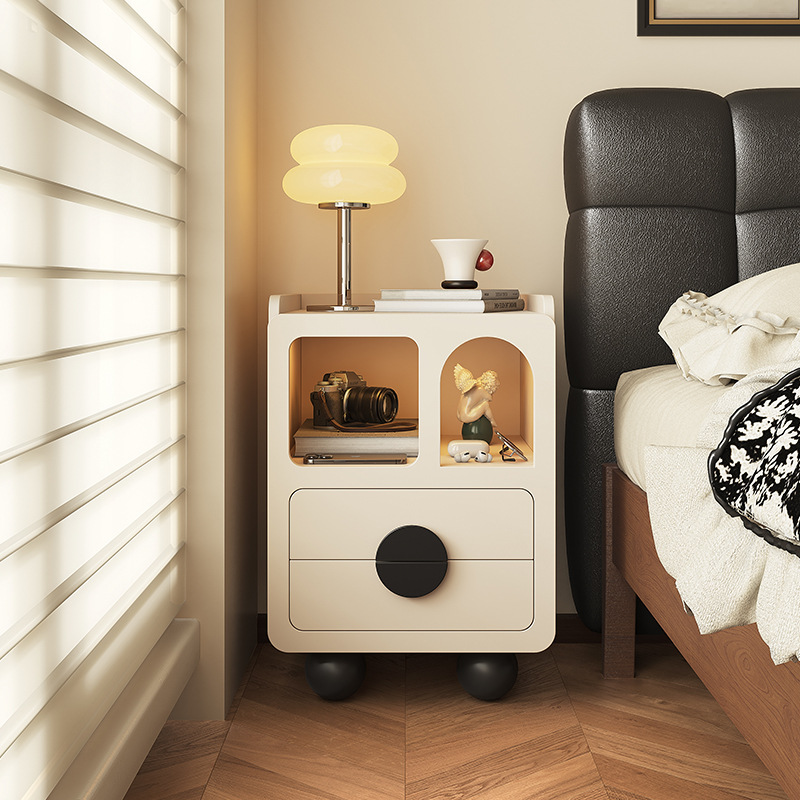 Cream Style Bedside Table Bedroom Mini Cute Ultra-Narrow Storage Bedside Table Small Household Solid Wood Storage Cabinet