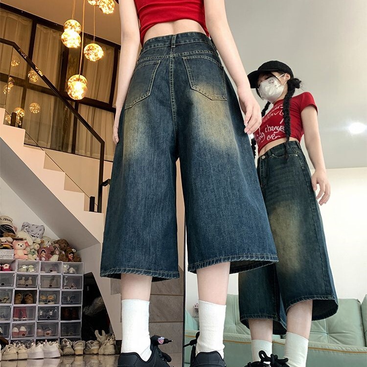 American Retro Vintage Blue High-Waisted Wide-Leg Cropped Denim Shorts for Women, Summer Drapey Plus-Size Slimming Straight Mid-Length Pants