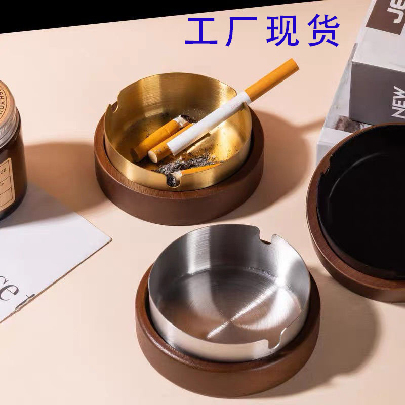 Cross-Border Hot-Selling Black Walnut Color Home and Hotel Solid Wood Ashtray, Creative Retro Style with Lid, Windproof, Round Design