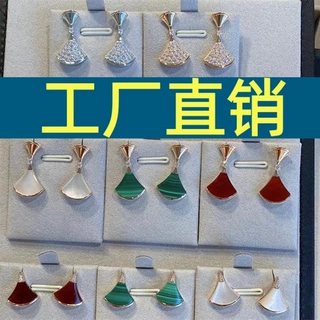 【工厂直销】高版小裙子耳钉女18K玫大小号瑰金扇形白贝母红玉髓
