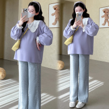 孕妇装2025秋季新款时尚镂空刺绣娃娃领卫衣阔腿裤潮妈减龄两件套