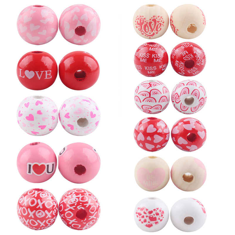Productos para bebés Dibujos animados Madera Día de San Valentín 16mm Cuentas de madera DIY Creativa Cadena de chupete Pulsera Pulsera Pequeño accesorio