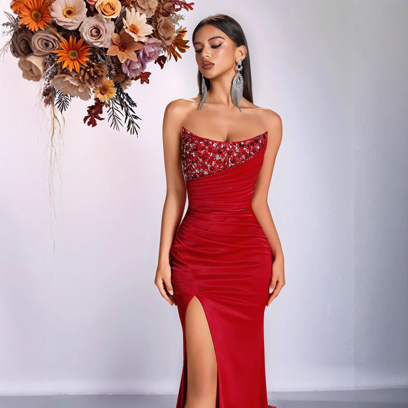 Cross-Border European and American New Style Solid Color Strapless Sequin Rhinestone Evening Dress with Slit, Slim Fit, Elegant Socialite Party Dress Cross-Border European and American New Style Solid Color Strapless Sequin Rhinestone Evening Dress with Slit, Slim Fit, Elegant Socialite Party Dress
