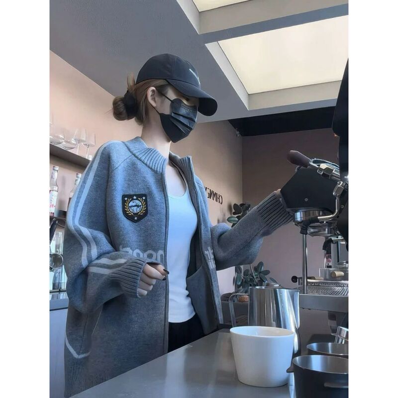 [Cashmere Family] Women's Loose Cardigan Jacket Stylish Sweater Zip-Up Knitwear Outerwear Thickened