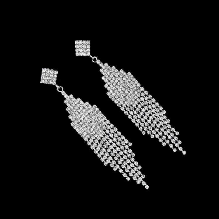 Серебряные серьги Feiyue с кристаллами люстры - блестящие длинные капли, длина 7 см, ширина 4.5 см, высота 4.75 см, вес 26 г
