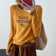 2025秋冬季磨毛打底衫女内搭腈纶印花撞色圆领外穿长袖上衣女宽松