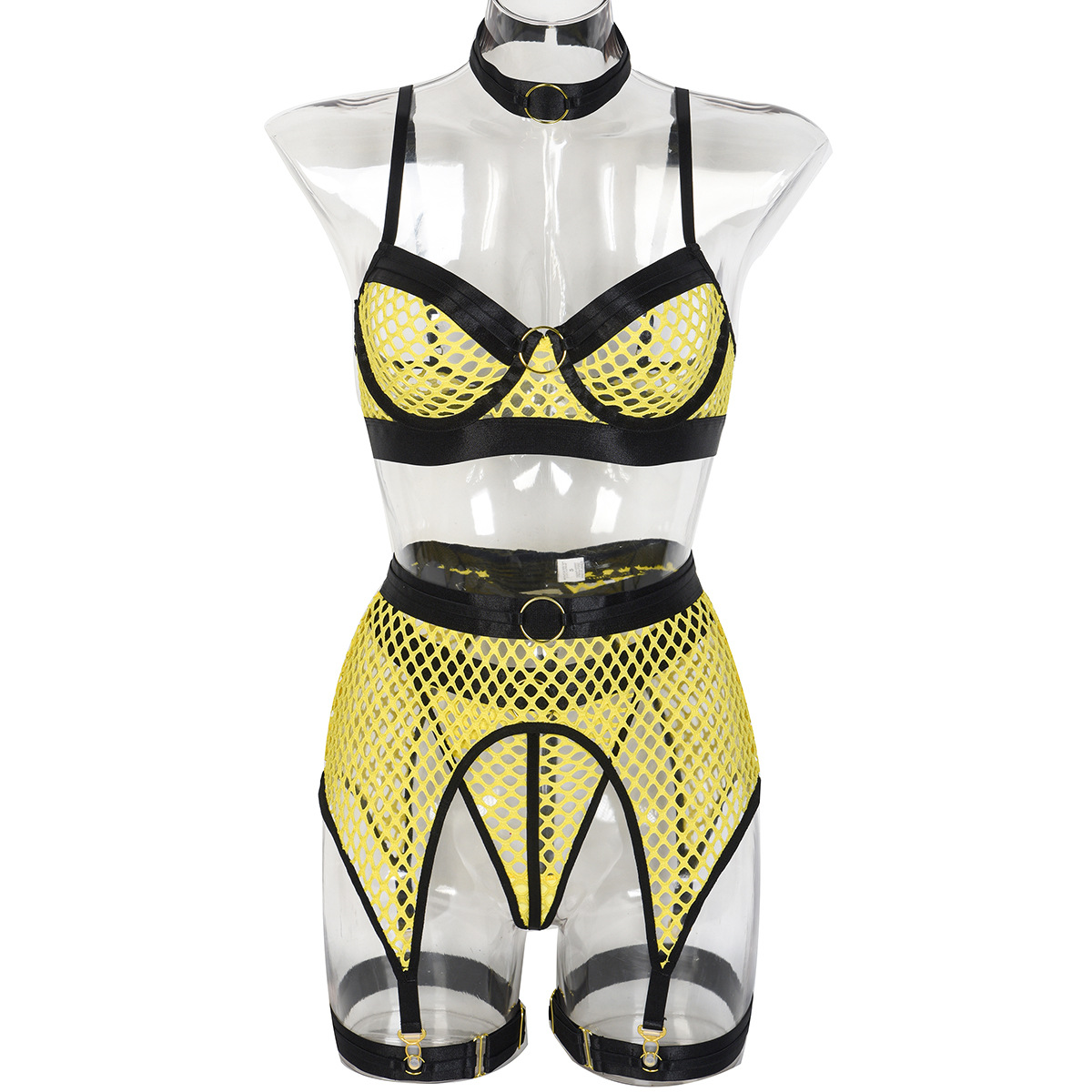 Europa y América lencería sexy cuatro piezas AliExpress popular malla grande costura con anillo de acero Halter ropa interior clásica 3300