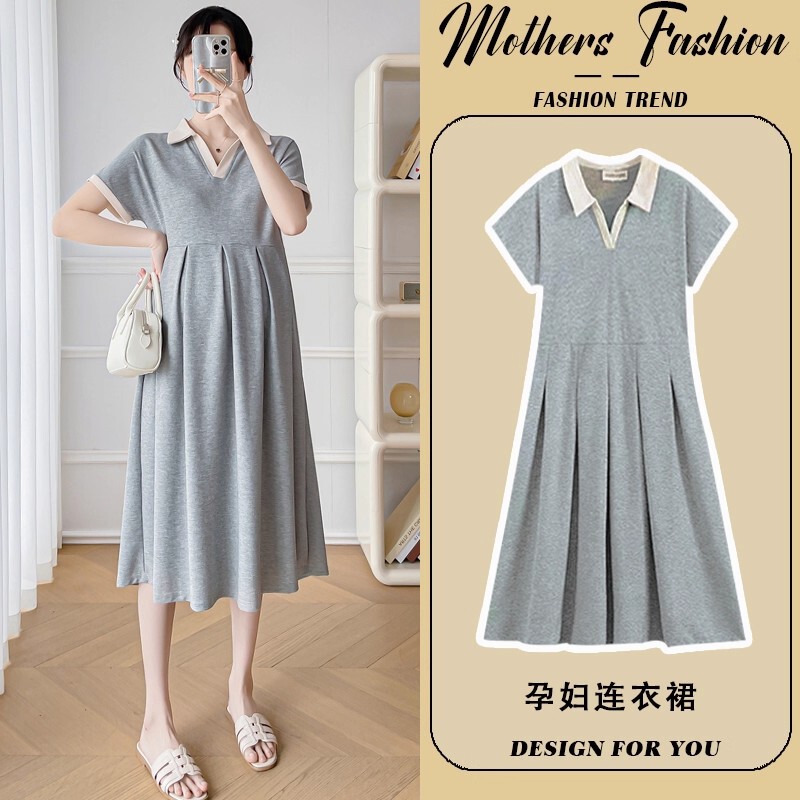 Maternity Dress Summer Gray Polo Collar Short-Sleeved Thin 2025 New Style Loose Belly-Covering Mid-Length Women's Dress Maternity Dress Summer Gray Polo Collar Short-Sleeved Thin 2025 New Style Loose Belly-Covering Mid-Length Women's Dress