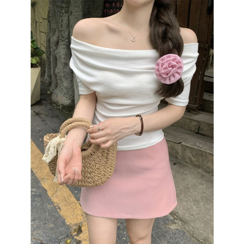 卸売 [7 色] 甘くてスパイシーなフレンチスタイルのワンショルダー T シャツ女性の夏のプリーツ痩身ショートトップ|undefined
