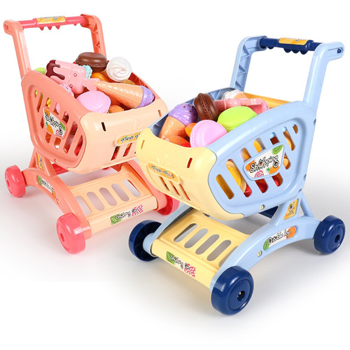 New children's shopping cart toy baby kitchen playset fruit cutting fun supermarket push cart for girls