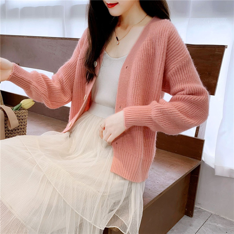 French V-Neck Candy Color Long Sleeve Cardigan Women's Loose Knit Sweater Coat Casual Elegant Outerwear_ecoleips.com