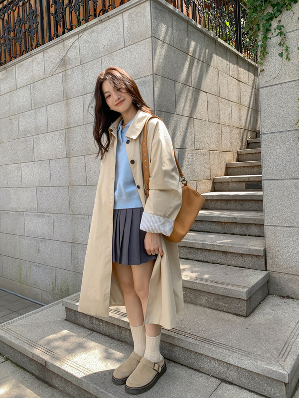 西西里安 塞特秋来信~小个子韩系拼接条纹袖廓形风衣外套女中长款|undefined