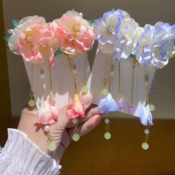 New Silk Flower Chinese Style Hanfu Hair Accessory, Tassel Hairpin, Chinese Style Girl's Ancient Style Hair Clip, Hair Flower, Children's Hair Ornament