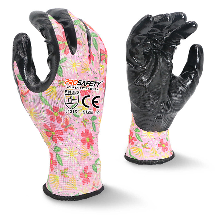 广州彩色尼龙花色丁腈光面涂层花园带印刷Logo广州家庭清洁手套