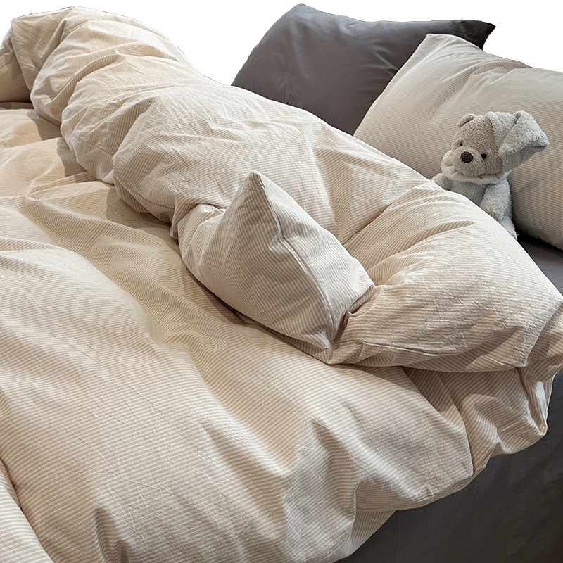 Minimalist Washed Cotton Bedding Set With Stripes For Bed_voghion.com
