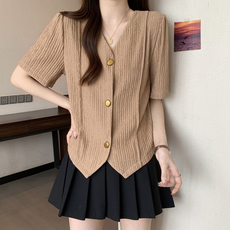 Diseño retro francés sentido irregular camiseta de manga corta verano para mujer nuevo estilo suelto y delgado top de moda de talla grande