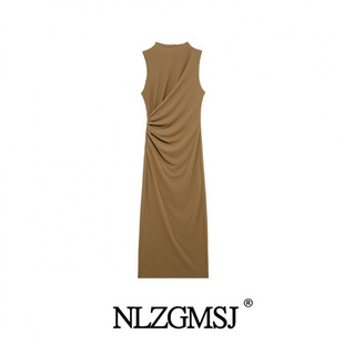 2025 spring new women's European and American style pleated decorative stand collar sleeveless midi dress 4772305