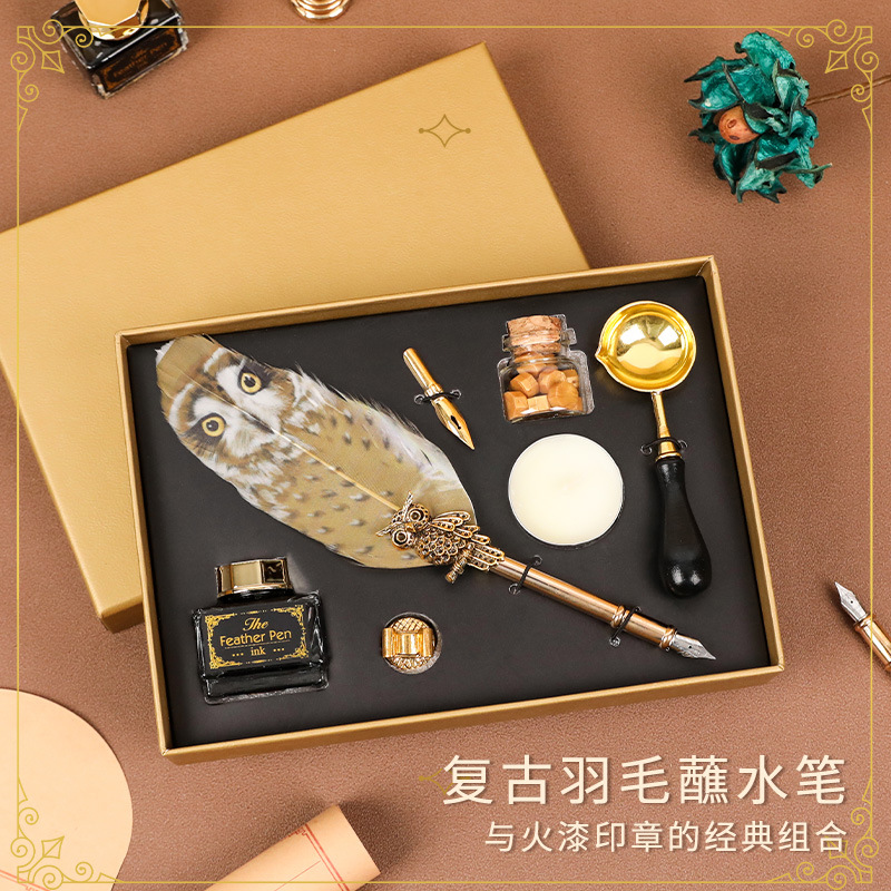 Magic Academy Feather Dip Pen Set Fire Paint Seal Multi-Purpose Set Owl Pen Creative Gift