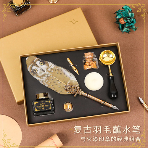 Magic Academy Feather Dip Pen Set Fire Paint Seal Multi-Purpose Set Owl Pen Creative Gift