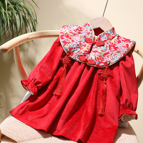 Lini 23 Winter New Girls' Dress Chinese Style Hanfu Children Fleece New Year Dress Qipao Formal Dress Skirt