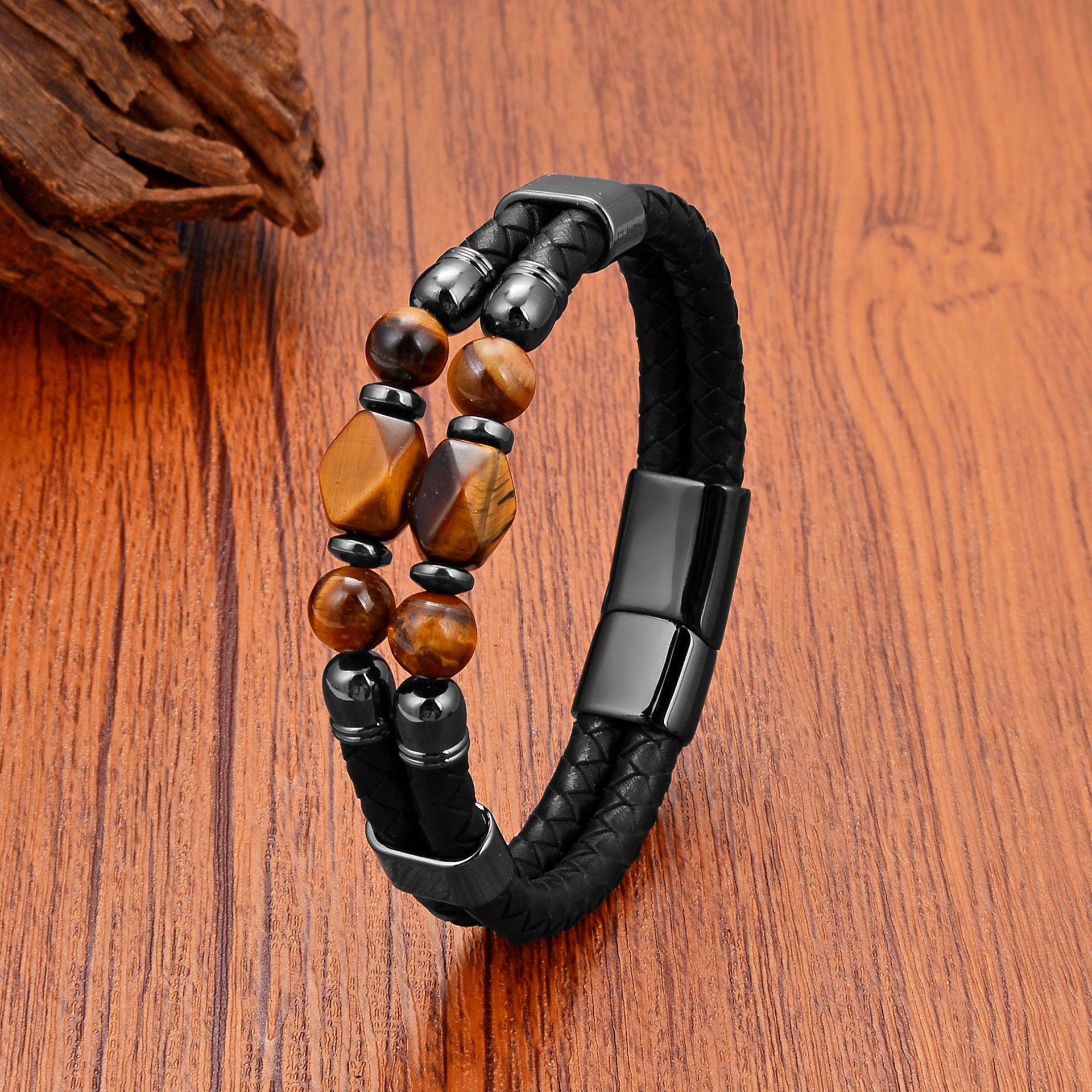 Cross-Border Hot Selling Tiger Eye Stone Beaded Bracelet for Men, Personalized Trendy Double-Layer Leather Rope Bracelet, Stainless Steel Buckle Jewelry