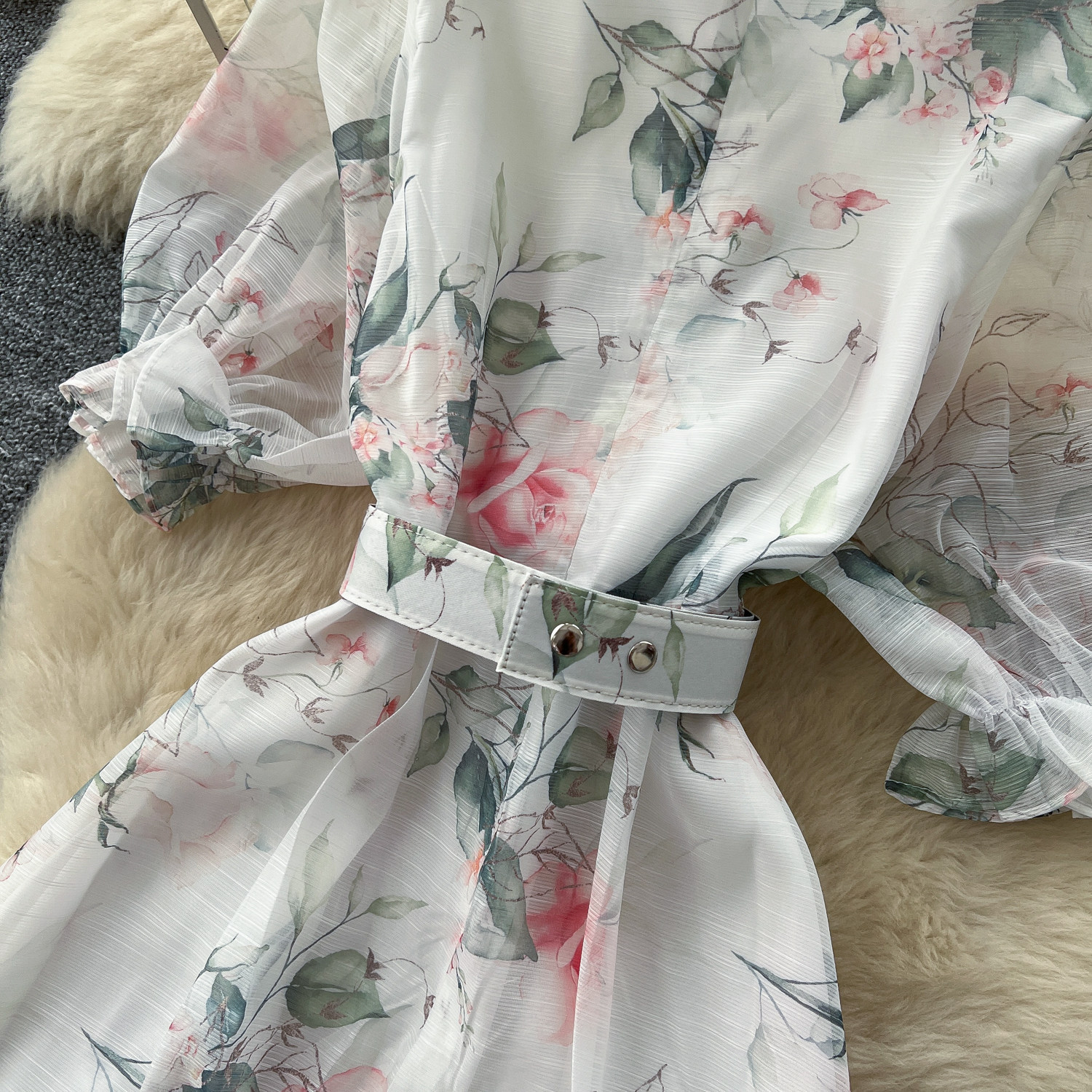 Women's French Romantic Floral Print Dress Summer Korean Style V Neck Tie Up Short Sleeve Waist Cinching A Line Long Skirt Elegant_ecoleips.com