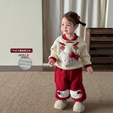 蔗梨童装女童套装加绒加厚新中式儿童衣服卫衣婴儿宝宝冬装拜年服