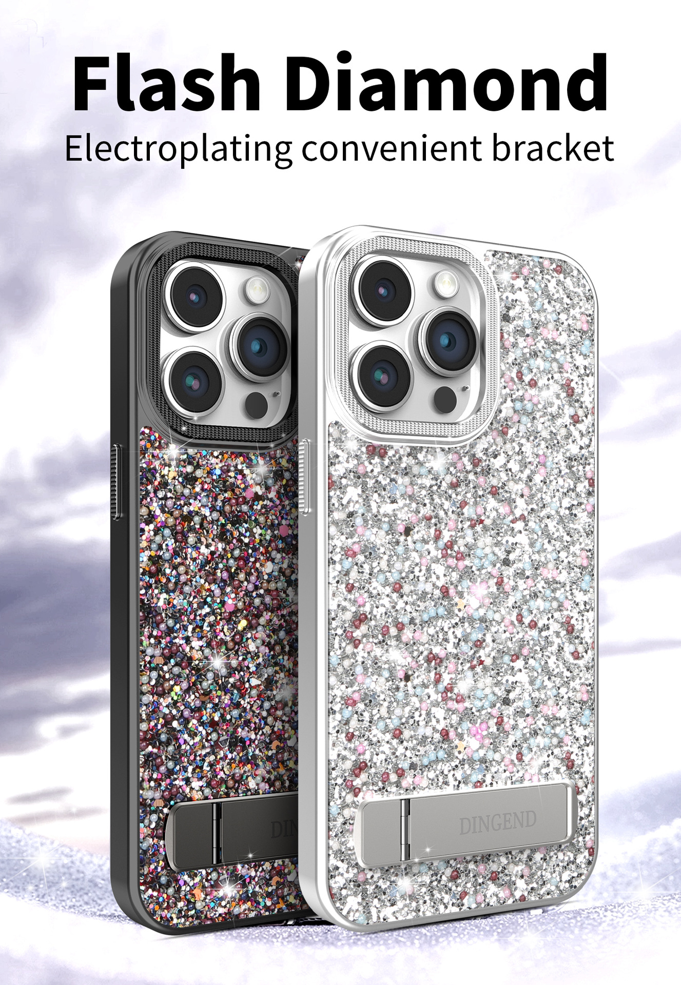 Ốp lưng iPhone đính đá sang trọng, chân đế kim cương, chống sốc viền dày cho 16 Pro Max / 15 / 14 Pro — Trắng đàn piano, Đen kinh điển, Màu vàng đậm chi tiết 1