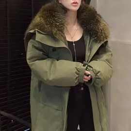 欧货大毛领派克服女2025冬季新款宽松中长款加厚工装羽绒服外套