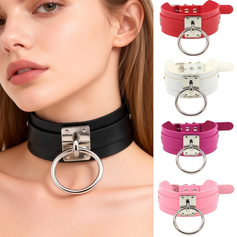 Eco-Friendly Pu Leather European and American Fashion Harajuku Punk Ring Choker Street Style Nightclub Silver O-Shaped Necklace Neck Chain Eco-Friendly Pu Leather European and American Fashion Harajuku Punk Ring Choker Street Style Nightclub Silver O-Shaped Necklace Neck Chain