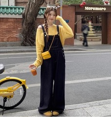 韩系复古减龄牛仔背带裤女2025夏季宽松直筒百搭休闲阔腿裤子