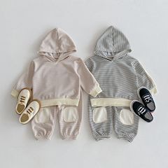 2024 Spring Collection New Middle and Small Children's Korean Style Children's Apparel for Boys and Girls Striped Loose Hooded Sweatshirt and Sweatpants Two-Piece Set