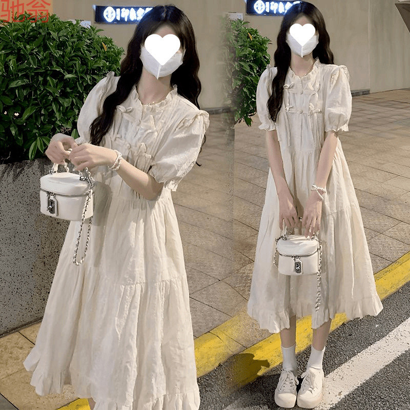 H8A new Chinese bubble sleeve dress girl summer 2025 new junior high school students big children retro buckle long