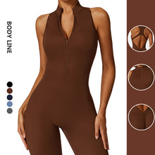 跨境镂空美背瑜伽连体服高强度训练跑步运动健身服纯色瑜伽连体裤