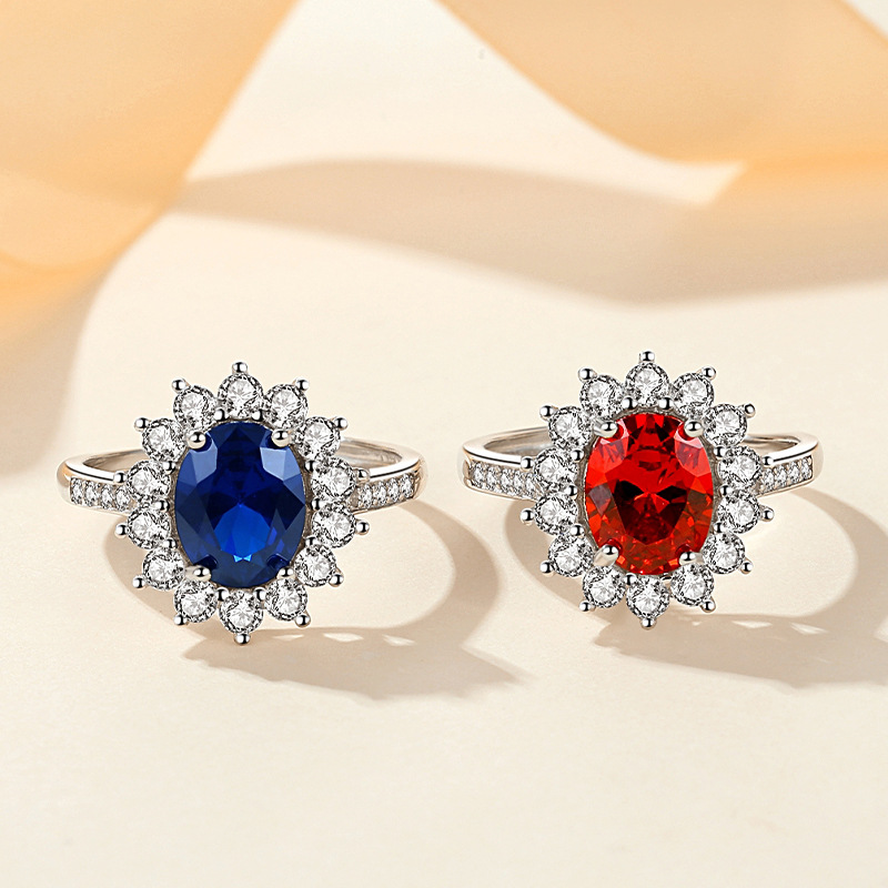 S925 plata esterlina nuevo colorido tesoro océano corazón con incrustaciones de zafiro grupo con incrustaciones de anillo de transmisión en vivo europeo y americano transfronterizo anillo de las mujeres