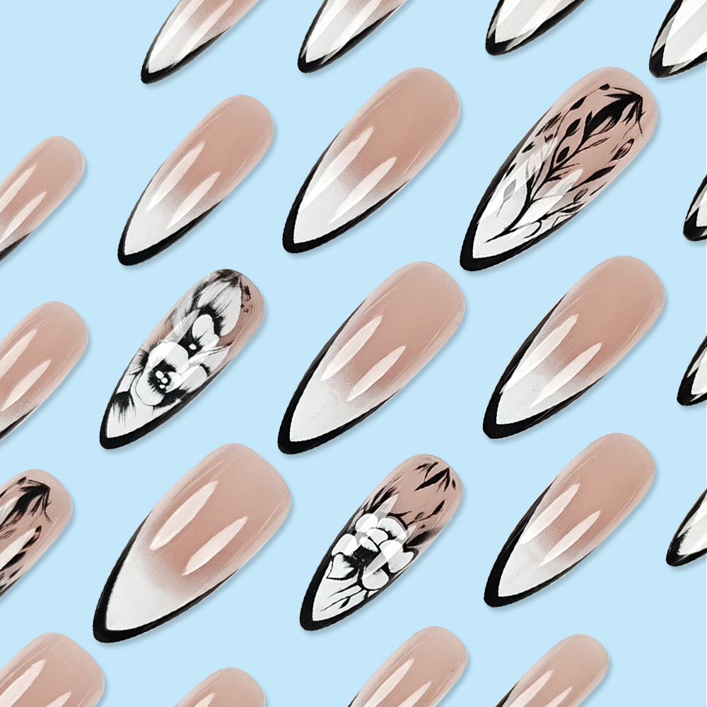 Polvo desnudo gradiente negro floral parche de manicura transfronterizo ventas calientes retrógradas fabricantes de uñas de suministro directo 24 piezas de uñas image 5