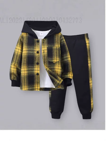 Cross-Border Popular Boys' Autumn and Winter New Long-Sleeved Plaid Contrasting Hooded Two-Piece Suit (Top + Pants)